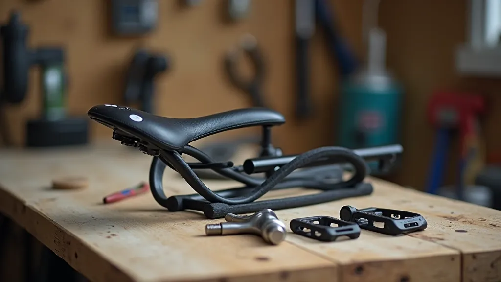 Close-up of bike components showing comfortable saddle, grips, and pedals designed for senior cyclists, arranged on a work bench