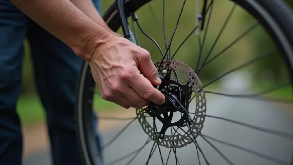 Bicycle brake system close-up showing disc brakes with inspection, hands checking brake pads for wear