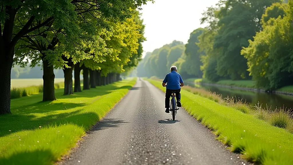 Flat gravel towpath stretching into distance with mature trees lining both sides, calm water visible, clear sky, afternoon light