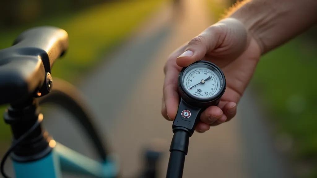 Close-up view of bicycle tire pressure gauge and hand checking tyre inflation before a ride, bright natural lighting