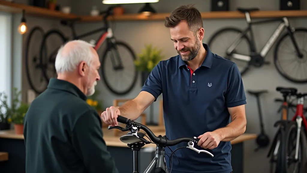 Bike shop staff member adjusting seat height on a comfort bike for a senior customer, demonstrating proper fitting technique in a professional shop environment