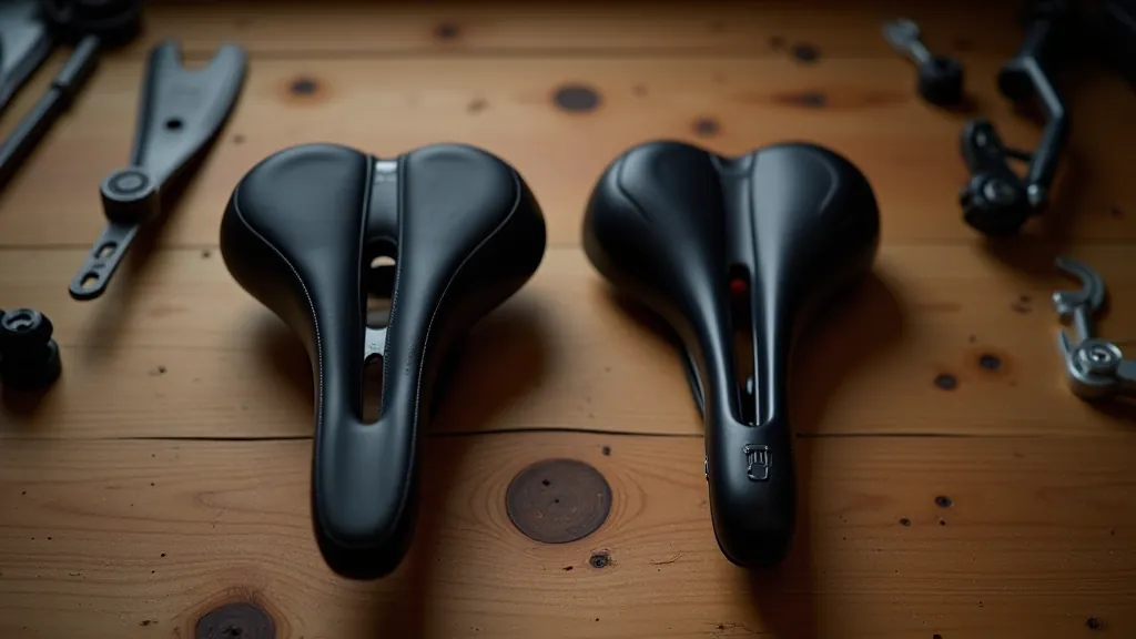 Close-up comparison of different bicycle saddles, showing wide padded cruiser seat versus narrow racing seat, demonstrating comfort differences for leisurely cycling