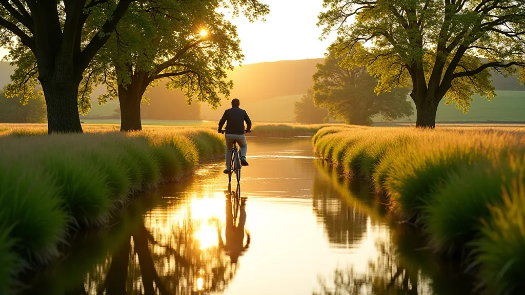 Scenic waterway with mature trees reflected in calm water, meadow and rolling hills in background, golden hour light