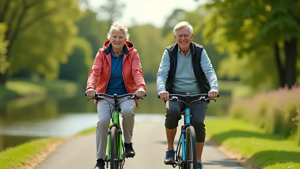 Senior couple cycling together on a peaceful canal towpath, both riding comfortable hybrid bikes with good posture, green landscape visible