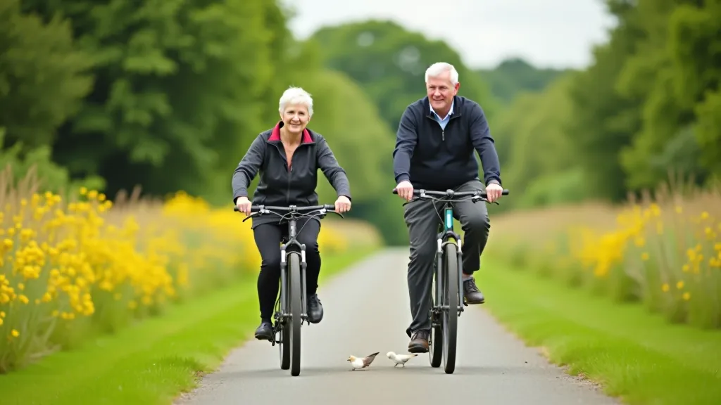 Senior couple cycling together on a flat canal towpath surrounded by blooming wildflowers and wildlife, peaceful countryside setting
