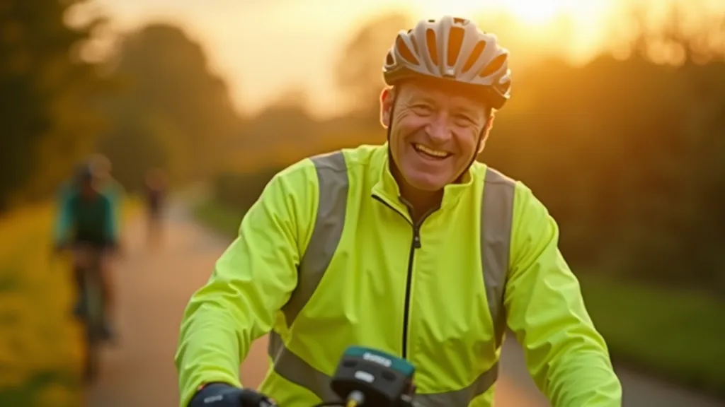 Senior cyclist wearing bright yellow reflective vest and helmet, posing on canal towpath with bicycle at sunset