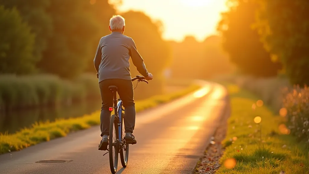 Older adult cycling on a peaceful canal towpath during golden hour