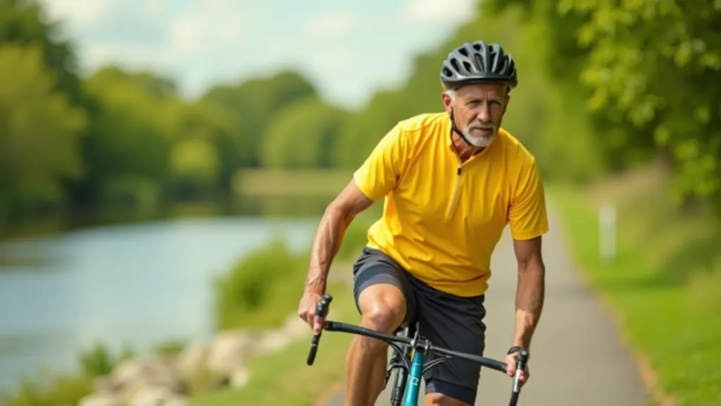 Senior man in bright cycling gear doing gentle stretching exercises on a canal towpath, with calm water and trees in the background