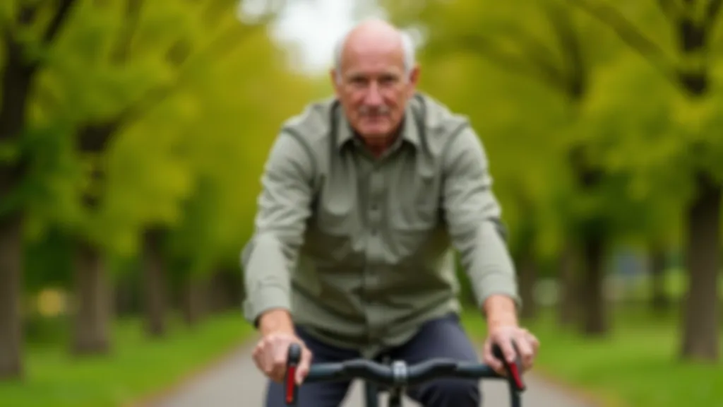 Senior cyclist mounting a low step-through frame bicycle in a park setting, demonstrating the ease of access compared to traditional diamond frame designs