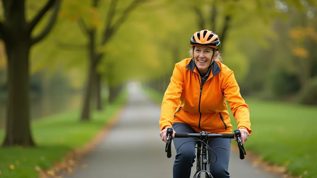 Senior woman on a hybrid bike designed for comfort, riding on flat canal towpath with trees in background