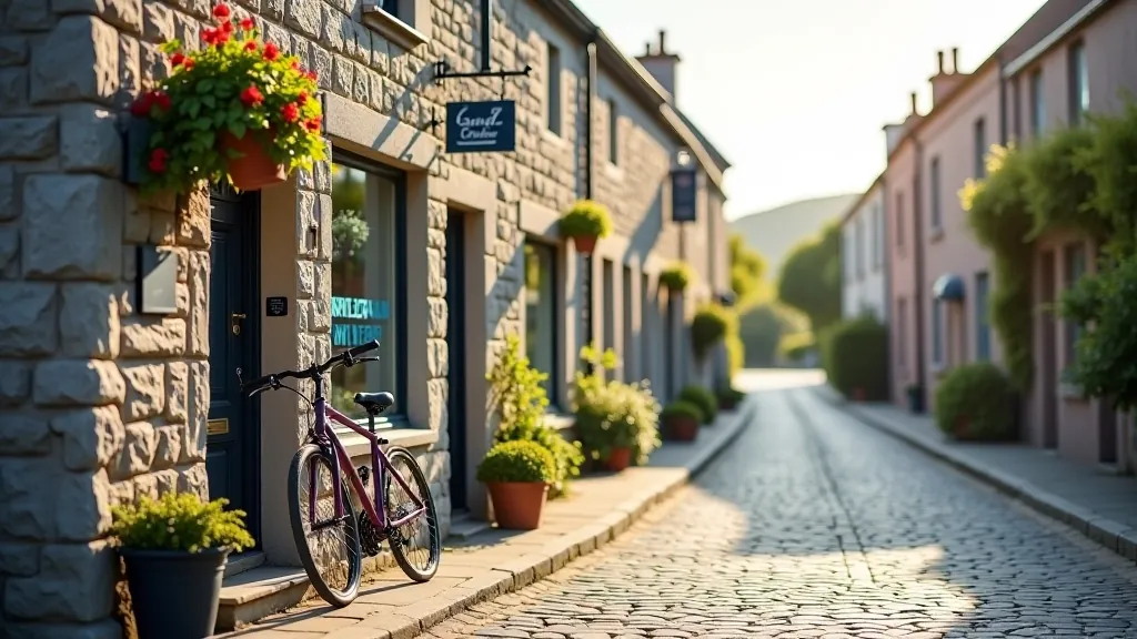Small village street with traditional stone buildings, bicycle leaning against wall, café storefront, afternoon light
