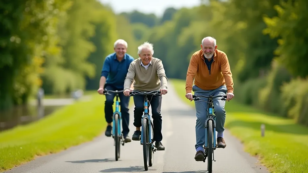 Seniors enjoying canal towpath cycling together