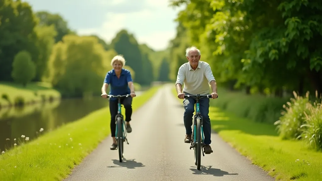 Senior cyclists riding together on a peaceful canal towpath with lush green surroundings and clear water reflection