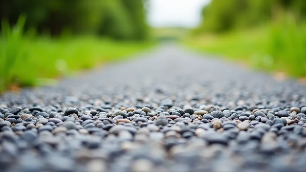 Close-up of well-maintained gravel path surface with slight wear pattern, clear detail of stone composition, daytime lighting